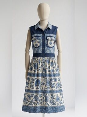 Vintage Replay & Sons Girls Denim Patchwork Dress 6 Blue  Floral Western Y2K wd